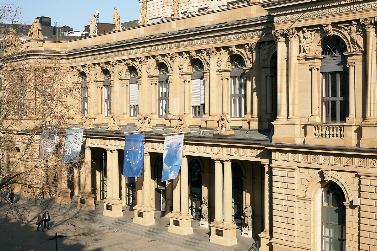 Stock exchange building with flags